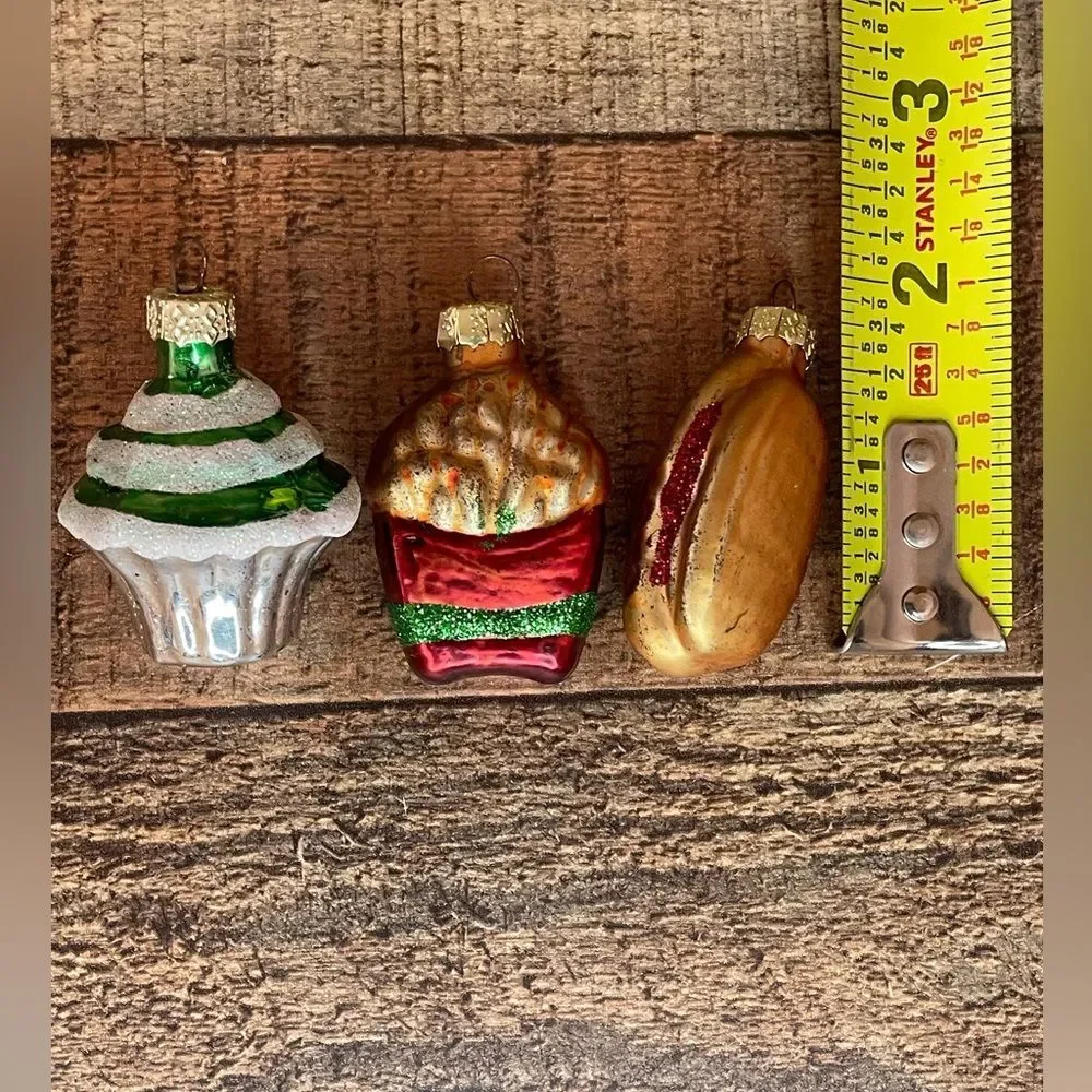 Set Of 3 Mini Blown Glass Food Christmas Ornaments: Hot Dog Cupcake French Fries